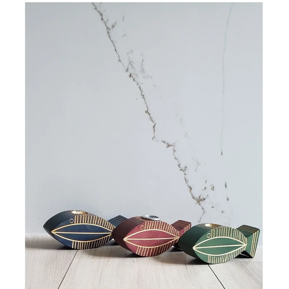 Hand Carved Wooden Fish‎ Decor Set of 3 Coastal Nautical Shelf Art